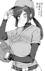 Rule 34 | 1girl, absurdres, baseball cap, baseball glove, baseball jersey, baseball uniform, belt, blush, breasts, button gap, greyscale, hand on headwear, hat, highres, hotate-chan, huge breasts, jersey, looking at viewer, low ponytail, mole, mole under mouth, monochrome, one eye closed, original, shirt tucked in, sidelocks, smile, solo, sportswear, sweat, translation request, upper body, white background