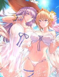 Rule 34 | 2girls, antiqq, bare shoulders, bikini, blonde hair, blue eyes, blue sky, blush, breasts, cleavage, closed eyes, collarbone, day, dress, europa (granblue fantasy), europa (summer) (granblue fantasy), flower, gabriel (granblue fantasy), granblue fantasy, hair between eyes, hair flower, hair ornament, hat, highres, large breasts, long hair, looking at viewer, multiple girls, navel, outdoors, partially submerged, purple eyes, purple hair, scrunchie, see-through, see-through silhouette, short hair, sky, standing, stomach, swimsuit, wading, water, white bikini, white dress, wrist scrunchie