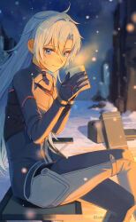 Rule 34 | 1girl, a (xenoblade), blue eyes, closed mouth, coffee mug, crossed legs, cup, earrings, hair between eyes, hair intakes, highres, holding, holding cup, jewelry, long hair, looking at viewer, messy hair, mug, outdoors, single earring, sitting, snow, snowing, solo, steam, tomorimoriri, very long hair, winter, xenoblade chronicles (series), xenoblade chronicles 3, xenoblade chronicles 3: future redeemed