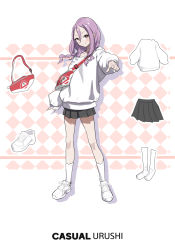 Rule 34 | 1girl, blush, braid, brown eyes, character name, fanny pack, highres, long hair, long sleeves, looking at viewer, mo0o0rae, off shoulder, oversized clothes, pleated skirt, pointing, pointing at viewer, purple hair, shoes, skirt, sleeves past wrists, smile, sneakers, socks, solo, soredemo ayumu wa yosetekuru, sweater, twin braids, yaotome urushi