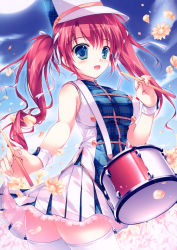 Rule 34 | 1girl, :d, absurdres, band uniform, blue eyes, drum, drummer, drumsticks, flower, highres, instrument, lace, lace-trimmed skirt, lace trim, mikeou, open mouth, parade, pink hair, skirt, sleeveless, smile, thighhighs, twintails