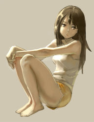 Rule 34 | 1girl, aro (charged time out), bad id, bad pixiv id, bare shoulders, barefoot, brown eyes, brown hair, feet, long hair, original, shorts, simple background, solo