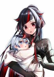Rule 34 | 2boys, :o, baby, black gloves, black hair, blue eyes, blunt bangs, blunt ends, blush, chest protector, drooling, fang, gloves, grey hair, hair between eyes, hair horns, highres, holding another&#039;s hair, holding baby, lilia vanrouge, long hair, long sleeves, male focus, mouth drool, multicolored hair, multiple boys, open mouth, pointy ears, ponytail, red eyes, red hair, short hair, sidelocks, silver (twisted wonderland), simple background, streaked hair, thorn print, tobidayooon, twisted wonderland, two-tone hair, very long hair, white background