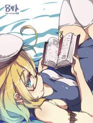 Rule 34 | 10s, 1girl, aqua eyes, blonde hair, book, breasts, character name, glasses, hat, highres, i-8 (kancolle), kantai collection, long hair, one-piece swimsuit, reversed, school swimsuit, solo, super zombie, swimsuit, thighhighs, twitter username, white thighhighs