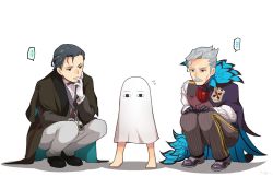 Rule 34 | ..., 2boys, ascot, black gloves, black hair, cocorosso, facial hair, fate/grand order, fate (series), flying sweatdrops, formal, full body, gloves, green eyes, grey hair, holding, holding smoking pipe, james moriarty (archer) (fate), looking at another, male focus, medjed (fate), multiple boys, mustache, pinstripe pattern, sherlock holmes (fate), short hair, simple background, smoking pipe, spoken ellipsis, squatting, striped, vest, white background, white gloves