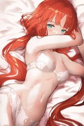 Rule 34 | 1girl, absurdres, bare shoulders, blush, bra, breasts, cleavage, collarbone, commentary request, genshin impact, green eyes, highres, long hair, looking at viewer, low twintails, lying, medium breasts, navel, nilou (genshin impact), on side, panties, red hair, salmon88, sidelocks, solo, thighs, twintails, underwear, underwear only, white bra, white panties