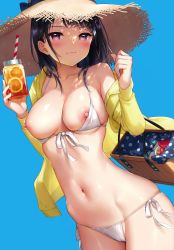 Rule 34 | 1girl, :3, bag, bare shoulders, basket, bikini, black bow, black hair, blue background, blush, bottle, bow, breasts, breasts out, cameltoe, cleavage, cleft of venus, closed mouth, collarbone, comic anthurium, cowboy shot, drink, eyelashes, fingernails, food, front-tie bikini top, front-tie top, fruit, groin, halterneck, hands up, hat, hat bow, highres, hip bones, holding, holding basket, holding bottle, hood, hooded jacket, hoodie, ichigo-chan (mignon), jacket, juice, long hair, long sleeves, looking at viewer, lowleg, lowleg bikini, medium breasts, mignon, navel, nipple slip, nipples, non-web source, off shoulder, open clothes, open jacket, orange juice, original, picnic basket, purple eyes, shoulder bag, side-tie bikini bottom, sidelocks, simple background, skindentation, smile, solo, standing, stomach, straw hat, strawberry, string bikini, sun hat, swept bangs, swimsuit, white bikini, yellow jacket