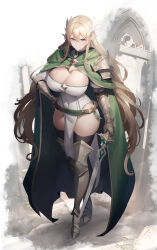 Rule 34 | 1girl, absurdres, arm armor, baketsu, black thighhighs, blonde hair, breast cutout, breasts, cleavage, cloak, elf, feather hair ornament, feathers, full body, gauntlets, green cloak, green eyes, hair between eyes, hair ornament, hand on own hip, highres, holding, holding sword, holding weapon, hood, hooded cloak, large breasts, leg armor, leotard, long hair, original, pointy ears, solo, sword, thighhighs, very long hair, weapon
