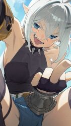 1girl blue_eyes blue_sky breasts character_request collar commission copyright_request fingerless_gloves gloves hata4564 highres looking_at_viewer middle_finger pointy_ears short_shorts shorts skeb_commission sky solo spiked_collar spikes tongue tongue_out white_hair