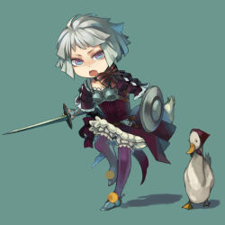 Rule 34 | armor, bad id, bad pixiv id, bird, bloomers, bow, goose, grey hair, open mouth, purple eyes, roma (kagamimusi), shield, short hair, solo, sword, underwear, weapon