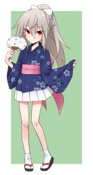 Rule 34 | 1girl, absurdres, black footwear, blue kimono, blush, bow, closed mouth, commentary request, floral print, full body, green background, grey hair, hair between eyes, hair bow, hand fan, highres, holding, ikune juugo, japanese clothes, kimono, long hair, long sleeves, obi, original, paper fan, pinching sleeves, pleated skirt, ponytail, print kimono, red eyes, sandals, sash, skirt, sleeves past wrists, smile, socks, solo, standing, tabi, two-tone background, uchiwa, very long hair, white background, white bow, white skirt, wide sleeves, zouri