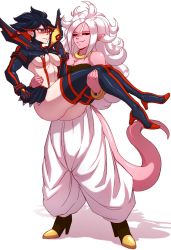 Rule 34 | 2girls, absurdres, android 21, ass, baggy pants, black hair, black sclera, blush, boots, breasts, carrying, colored sclera, colored skin, commentary, crossover, dragon ball, dragon ball fighterz, ear piercing, full body, high heel boots, high heels, highres, kill la kill, long hair, majin android 21, matoi ryuuko, multicolored hair, multiple girls, nod9, nose blush, pants, piercing, pink skin, princess carry, red eyes, red hair, senketsu, shrug (clothing), simple background, standing, streaked hair, sweatdrop, symbol-only commentary, tail, thighhighs, underboob, very long hair, white background, white hair, white pants, yuri