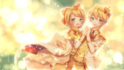 Rule 34 | 1boy, 1girl, :d, blonde hair, blurry, blurry background, blush, brown pants, coat, collared shirt, commentary request, dress, gem, green eyes, headset, highres, holding hands, kagamine len, kagamine rin, looking at viewer, open mouth, pants, shirt, shirt tucked in, short hair, smile, vocaloid, white coat, white dress, yuduki