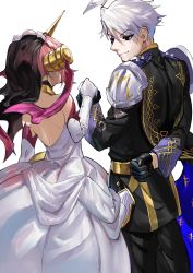 Rule 34 | 1boy, 1girl, ahoge, arm behind back, armor, backless dress, backless outfit, belt, black cape, black eyes, black gloves, black jacket, black pants, cape, cowboy shot, dress, elbow gloves, facial mark, facing away, fate/apocrypha, fate/grand order, fate (series), frankenstein&#039;s monster (fate), from behind, gloves, gold trim, hair between eyes, headgear, highres, holding hands, horns, jacket, james moriarty (ruler) (fate), looking at another, looking to the side, mechanical horns, pants, pink hair, po-ra dai, short hair, shoulder armor, simple background, single horn, smile, spikes, strapless, strapless dress, two-sided fabric, veil, wedding dress, white background, white dress, white gloves, white hair, yellow belt