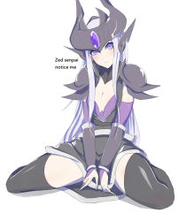 Rule 34 | 1girl, armor, breasts, cleavage, detached sleeves, ear protection, english text, forehead jewel, forehead protector, helmet, highres, kumiko shiba, league of legends, long hair, pauldrons, purple eyes, shoulder armor, silver hair, sitting, solo, syndra, thighhighs, vambraces, wariza