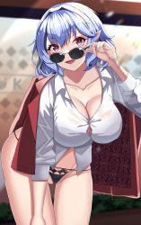 Rule 34 | 1girl, absurdres, aged up, bent over, blue hair, breasts, button gap, cleavage, coat, coat on shoulders, collarbone, collared shirt, commission, eyelashes, fang, highres, hossy, large breasts, light blue hair, lipstick, looking over eyewear, makeup, no pants, open mouth, panties, pointy ears, red eyes, remilia scarlet, shirt, side-tie panties, skeb commission, solo, sunglasses, thighs, tongue, touhou, underwear, white shirt