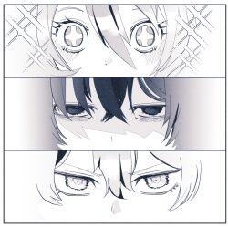 Rule 34 | 1girl, 2boys, close-up, determined, don quixote (project moon), empty eyes, eye focus, greyscale, limbus company, looking at viewer, madotsuki ren, monochrome, multiple boys, project moon, sinclair (project moon), sparkle, sparkling eyes, yi sang (project moon)