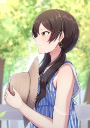 Rule 34 | 1girl, absurdres, bad id, bad pixiv id, blue ribbon, brown eyes, brown hair, brown hat, day, dress, earrings, from side, hair between eyes, hair over shoulder, hat, highres, holding, holding clothes, holding hat, idolmaster, idolmaster million live!, jewelry, kitazawa shiho, kurousagi yuu, lens flare, long hair, low twintails, outdoors, ribbon, sleeveless, sleeveless dress, solo, straw hat, striped clothes, striped dress, sun hat, twintails, unworn hat, unworn headwear, vertical-striped clothes, vertical-striped dress