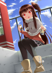 Rule 34 | 1girl, :d, black hair, black pantyhose, blush, boots, can, capelet, cloud, day, holding, long hair, open mouth, original, pantyhose, red eyes, sakura yuuya, side ponytail, sitting, sitting on stairs, skirt, sky, smile, solo, stairs