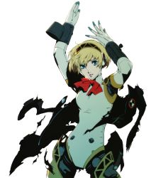 Rule 34 | 1girl, aegis (persona), android, atlus, blonde hair, blue eyes, bow, jacket, joints, persona, persona 3, ribbon, robot joints, short hair, soejima shigenori, solo, torn clothes