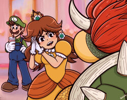 Rule 34 | 1girl, 2boys, angry, blue eyes, bowser, breasts, brown hair, crown, drink, earrings, facial hair, flower earrings, gem, gloves, hat, highres, horns, jewelry, looking at another, luigi, mario (series), medium breasts, multiple boys, mustache, nintendo, open mouth, princess daisy, puffy short sleeves, puffy sleeves, red hair, short sleeves, spikes, standing, straw, super mario land, the super mario bros. movie