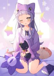 Rule 34 | ;o, animal hat, bed sheet, blunt bangs, blush, book, cat hat, frilled shorts, frills, full body, grimoire, hat, highres, hololive, long hair, murasaki shion, no shoes, one-hour drawing challenge, one eye closed, pajamas, parted lips, purple hat, purple shorts, shiokko (murasaki shion), short eyebrows, shorts, sidelocks, silver hair, sitting, socks, solo, tama sakura, v-shaped eyebrows, virtual youtuber, wariza, white socks, yellow eyes