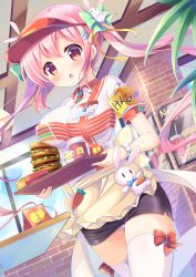 Rule 34 | 1girl, :o, apron, armband, black thighhighs, blush, bow, bow legwear, breasts, burger, carrot, food, french fries, hair bow, hair ornament, hair ribbon, hat, highres, inconvenient breasts, kurou (quadruple zero), large breasts, long hair, moe2016, open mouth, orange eyes, original, panties, pink hair, rabbit, ribbon, safety pin, skirt, solo, striped clothes, striped panties, tears, thighhighs, tray, twintails, underwear, visor cap, waitress, white thighhighs