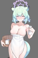 Rule 34 | 1girl, ^ ^, absurdres, animal ears, blue archive, blue halo, bottle, breasts, bucket, cleavage, closed eyes, coke0502, collarbone, extra ears, feet out of frame, green hair, grey background, halo, highres, holding, holding bottle, holding bucket, large breasts, median furrow, medium hair, naked towel, official alternate costume, purple eyes, shigure (blue archive), shigure (hot spring) (blue archive), short twintails, simple background, solo, tail, tokkuri, towel, twintails, weasel ears, weasel tail, white towel