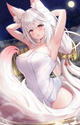 Rule 34 | 1girl, animal ear fluff, animal ears, armpits, arms behind head, arms up, bamboo, bare arms, bare shoulders, bell, blush, breasts, cleavage, collarbone, commentary request, fence, full moon, hair bell, hair between eyes, hair ornament, jingle bell, large breasts, long hair, moon, naked towel, night, night sky, original, outdoors, red eyes, sakura ani, short eyebrows, sky, solo, tail, thick eyebrows, towel, very long hair, water
