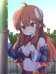 Rule 34 | 1girl, @ @, ahoge, aki inu, blush, bow, bowtie, breasts, brown eyes, cleavage, commentary request, day, demon girl, horns, long hair, machikado mazoku, medium breasts, midriff, navel, open mouth, outdoors, red bow, red bowtie, red hair, solo, tears, yoshida yuuko (machikado mazoku)