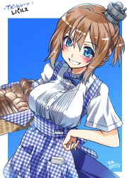 Rule 34 | 1girl, :d, apron, azur lane, blue eyes, bread, brown hair, carrying, commentary request, folded ponytail, food, grin, long hair, looking at viewer, open mouth, picnic basket, repulse (azur lane), smile, solo, takana shinno, translation request