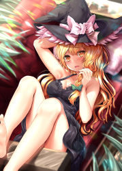 Rule 34 | 1girl, absurdres, alternate costume, arm above head, armpits, bare arms, barefoot, black camisole, black hat, blonde hair, blurry, blurry background, blush, braid, breasts, camisole, cleavage, commentary request, couch, dress, fern, from above, hat, hat ribbon, highres, holding, holding own hair, kaeranu kaeru, kirisame marisa, long hair, looking at viewer, lying, medium breasts, on back, on couch, parted lips, pillow, ribbon, single braid, sleeveless, sleeveless dress, soles, solo, touhou, very long hair, witch hat, yellow eyes
