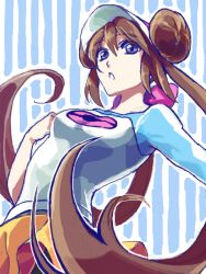 10s 1girl blue_eyes brown_hair creatures_(company) double_bun female_focus game_freak hair_bun long_hair nintendo pantyhose pokemon pokemon_bw2 raglan_sleeves rosa_(pokemon) simple_background solo striped_background tegaki twintails visor visor_cap