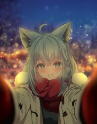 Rule 34 | 1girl, ahoge, animal ear fluff, animal ears, blurry, blurry background, blush, braid, commentary, earrings, fox ears, fox girl, green eyes, hair between eyes, hololive, jacket, jewelry, kumarang, long hair, looking at viewer, meme, outstretched arms, pov cheek warming (meme), red scarf, scarf, shirakami fubuki, sidelocks, single braid, smile, solo, symbol-only commentary, virtual youtuber, white hair, white jacket