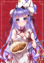 Rule 34 | 1girl, :o, azur lane, baozi, black ribbon, blush, breasts, cleavage, cleavage cutout, clothing cutout, cokecoco, commentary request, double bun, dress, food, hair bun, hand on own chest, hand up, head tilt, highres, holding, holding food, long hair, machinery, medium breasts, nose blush, on head, outstretched arm, parted lips, pelvic curtain, purple eyes, purple hair, ribbon, short sleeves, side bun, solo, stuffed animal, stuffed pegasus, stuffed toy, stuffed unicorn, stuffed winged unicorn, unicorn (azur lane), unicorn (the gift of spring) (azur lane), very long hair, white dress, wrist cuffs