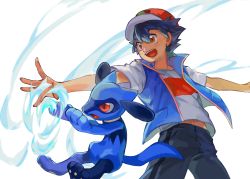 Rule 34 | 1boy, ash ketchum, baseball cap, black hair, blue vest, brown eyes, creatures (company), feet out of frame, game freak, gen 4 pokemon, hat, highres, looking to the side, navel, nintendo, open hand, open mouth, outstretched arms, pokemon, pokemon (anime), pokemon (creature), pokemon journeys, powering up, red headwear, riolu, shirt, short hair, short sleeves, shorts, teeth, upper teeth only, vest, white background, white shirt