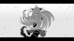 Rule 34 | 1girl, ahoge, back, batsu, bow, commentary request, dragon girl, greyscale, hair flip, hands on own hips, hololive, horns, kiryu coco, kiryu coco (1st costume), letterboxed, long hair, monochrome, simple background, skirt, solo, tail, virtual youtuber