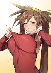 Rule 34 | 1girl, armpits, bare shoulders, blush, breasts, brown eyes, brown hair, china dress, chinese clothes, clothes pull, detached sleeves, dress, dress pull, guilty gear, hair ornament, highres, impossible clothes, impossible dress, kuma (jk0073), kuradoberi jam, large breasts, long hair, simple background, solo, sweat