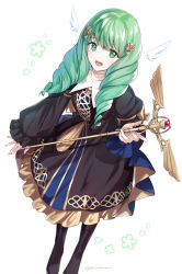 Rule 34 | 1girl, black dress, black footwear, blue legwear, boots, bow, detached sleeves, detached wings, dress, female focus, fire emblem, fire emblem: three houses, fire emblem heroes, flayn (fire emblem), frills, full body, gold trim, green eyes, green flower, green hair, hair ornament, highres, holding, holding staff, knee boots, kousei horiguchi, long hair, long sleeves, looking at viewer, matching hair/eyes, misu kasumi, nintendo, open mouth, school uniform, simple background, smile, solo, staff, turtleneck, twitter username, white background, wings