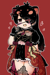 Rule 34 | 1girl, alternate costume, animal ears, arm behind back, australian devil (kemono friends), bare arms, blush, brooch, dress, empty eyes, extra ears, eyepatch, fang, fishnet gloves, fishnet thighhighs, fishnets, flower, gloves, hair flower, hair ornament, hand up, highres, jewelry, kemono friends, kemono friends 3, long hair, multicolored hair, numazoko namazu, one eye covered, open mouth, parted bangs, puffy short sleeves, puffy sleeves, red background, rose, short dress, short sleeves, simple background, smile, solo, tail, tasmanian devil ears, tasmanian devil tail, thighhighs, two-tone hair