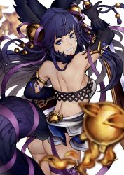 Rule 34 | :d, animal ears, ass, backless dress, backless outfit, bell, black gloves, blue eyes, blunt bangs, blurry, blurry foreground, commentary request, cowboy shot, depth of field, dress, elbow gloves, erune, eyelashes, floating hair, from behind, gloves, gold trim, granblue fantasy, hair bell, hair ornament, highres, jingle bell, legband, long hair, looking at viewer, looking back, multicolored eyes, open mouth, purple eyes, purple hair, shimashima (simasima 23), simple background, smile, solo, standing, tail, white background, white dress, yuel (granblue fantasy)