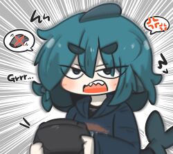 Rule 34 | 1girl, anger vein, blue eyes, blue hair, blue hoodie, blurry, blush, chibi, commentary request, controller, fins, fish tail, fuka-chan, game controller, highres, holding, hood, hood down, hoodie, looking at viewer, open mouth, original, shark tail, sharp teeth, short eyebrows, solo, spoken anger vein, tail, teeth, thick eyebrows, uni souchou, upper body, v-shaped eyebrows