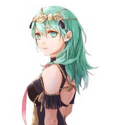 Rule 34 | 1girl, braid, byleth (female) (fire emblem), byleth (fire emblem), cosplay, fire emblem, fire emblem: three houses, from side, green eyes, green hair, looking to the side, nintendo, parted lips, ribbon braid, robaco, side braid, simple background, single braid, solo, sothis (fire emblem), sothis (fire emblem) (cosplay), upper body, white background