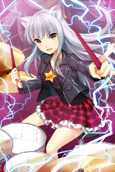 Rule 34 | &gt;:d, 1girl, :d, animal ears, bad id, bad pixiv id, breasts, brown eyes, cat ears, checkered clothes, checkered skirt, commentary, drum, drumsticks, instrument, jacket, jenevan, jewelry, leather, leather jacket, lightning, looking at viewer, medium breasts, \\n/, necklace, official art, open mouth, pointing, pointing at viewer, silver hair, sitting, skirt, smile, solo, star (symbol), star necklace, sword girls, v-shaped eyebrows