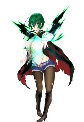 Rule 34 | absurdres, belt, black cape, blue shorts, boots, brown footwear, cape, denim, denim shorts, full body, glasses, green eyes, green hair, high heel boots, high heels, highres, jewelry, long sleeves, midriff peek, neck tassel, pantyhose, red cape, ring, shirt, short hair, short shorts, shorts, standing, tachi-e, tk31, torn clothes, torn pantyhose, touhou, transparent background, two-sided cape, two-sided fabric, white shirt, wriggle nightbug