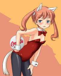 Rule 34 | 1girl, animal ears, blue eyes, blush, brown hair, cat ears, cat tail, coca-cola, detached collar, flat chest, francie gerard, horse girl, kittysuit, long hair, miritsu, mirutsu (milts), nontraditional playboy bunny, pantyhose, solo, strike witches, strike witches: katayoku no majo-tachi, tail, tray, twintails, world witches series, wrist cuffs