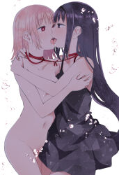 Rule 34 | 2girls, akemi homura, black dress, black hair, breasts, bubble, clothed female nude female, collarbone, completely nude, convenient censoring, dress, french kiss, hair down, hairband, hug, kaname madoka, kiss, long hair, looking at another, mahou shoujo madoka magica, mahou shoujo madoka magica (anime), multiple girls, nude, open mouth, pink hair, purple eyes, red eyes, ribbon, saliva, saliva trail, shichouson, short hair, sidelocks, simple background, small breasts, smile, tongue, tongue out, yuri