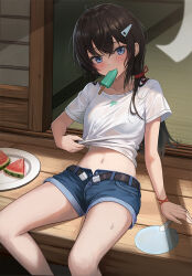 Rule 34 | 1girl, arm support, belt, blue eyes, blush, brown hair, clothes lift, collarbone, crossed bangs, denim, denim shorts, eating, food, food in mouth, fruit, hair between eyes, hand fan, lifted by self, long hair, midriff peek, mookyuu9, navel, open fly, original, popsicle, popsicle in mouth, shirt, shirt lift, shorts, sitting, solo, stomach, sweat, t-shirt, watermelon, watermelon slice, white shirt