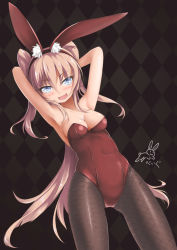 Rule 34 | 1girl, animal ears, beigu, blue eyes, breasts, fake animal ears, fang, fishnet pantyhose, fishnets, highres, leotard, long hair, original, pantyhose, pink hair, playboy bunny, rabbit ears, rabbit tail, small breasts, solo, standing, tail, twintails, two side up