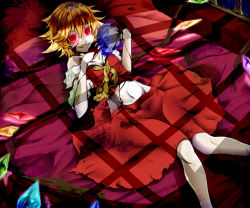 Rule 34 | 1girl, ascot, bed, blonde hair, blood, crazy eyes, dress, female focus, flandre scarlet, hatori you, looking at viewer, lying, midriff, navel, no headwear, no headwear, on back, red dress, red eyes, skull, smile, solo, touhou, wings